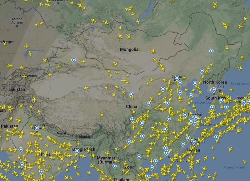在我们中国版图中的航班图片，缙哥哥发现可观看到机场。