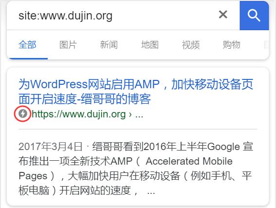 缙哥哥的博客做了谷歌Google移动网页加速AMP之后出现闪电标记