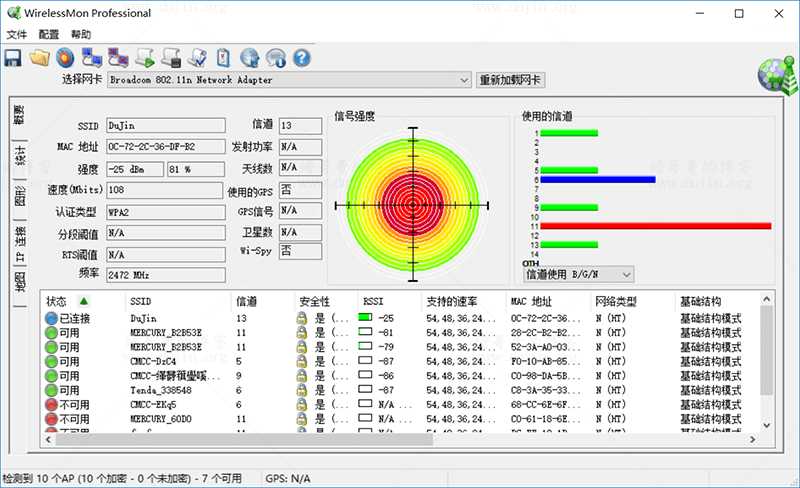 缙哥哥使用的无线信号扫描、适配器监控和实时信息程序 WirelessMon 中文版