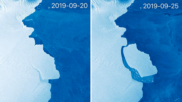 欧盟的哨兵一号地球观测卫星（Sentinel-1）拍摄到冰川从南极冰架剥离的前后情形